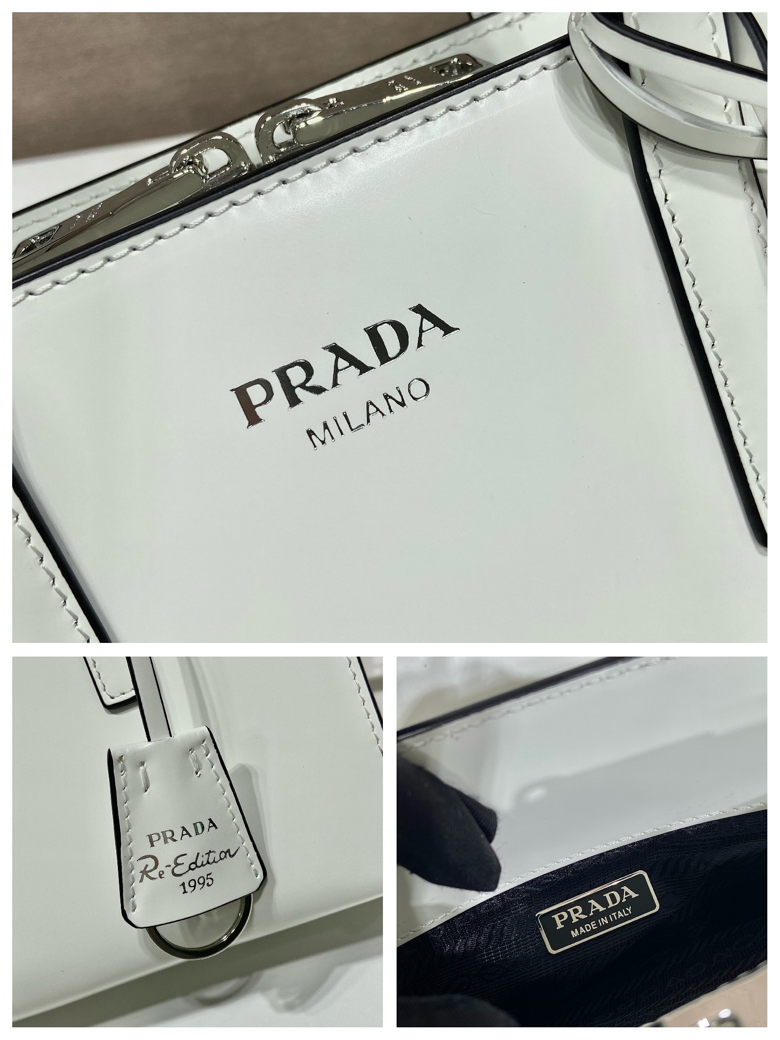 Prada Mini Re Edition 1995 Brushed Leather Handbag Bag White 1BA357